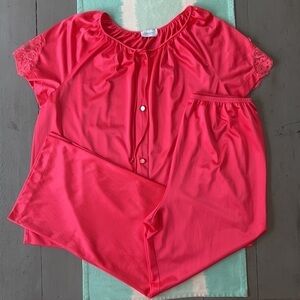 Vintage Lorraine Lace Sleeve Button Front Pajama Set Pink Made USA Size L